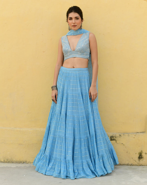 Multi-color readymade organza lehenga floral printed skirt, round-neck with  sleeveless crop top & net ruffle dupatta