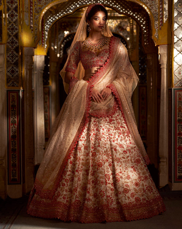 Cream Red Zardozi Lehenga Set Design by Seema Gujral at Pernia's Pop Up  Shop 2024