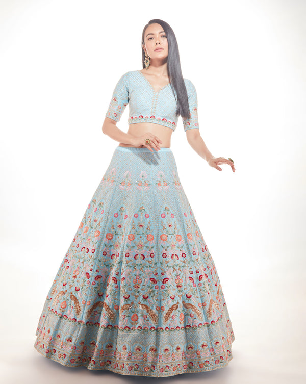 Off-White & Blue Blue & Off-White Lehenga by HER CLOSET for rent online |  FLYROBE