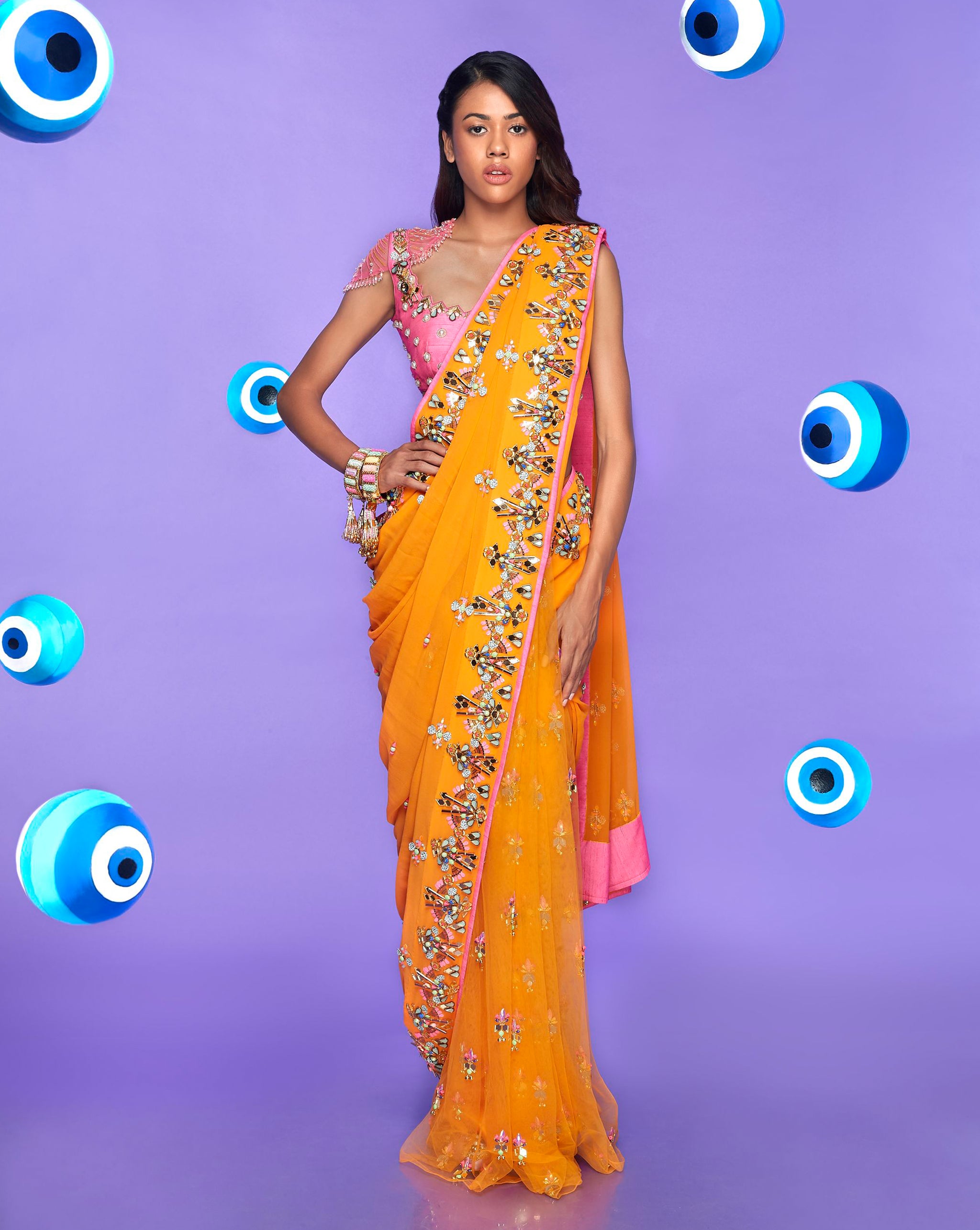 ORANGE WITH BLUE - SILK COTTON WITH ALLOVER BUTTA WITH CONTRAST PALLU