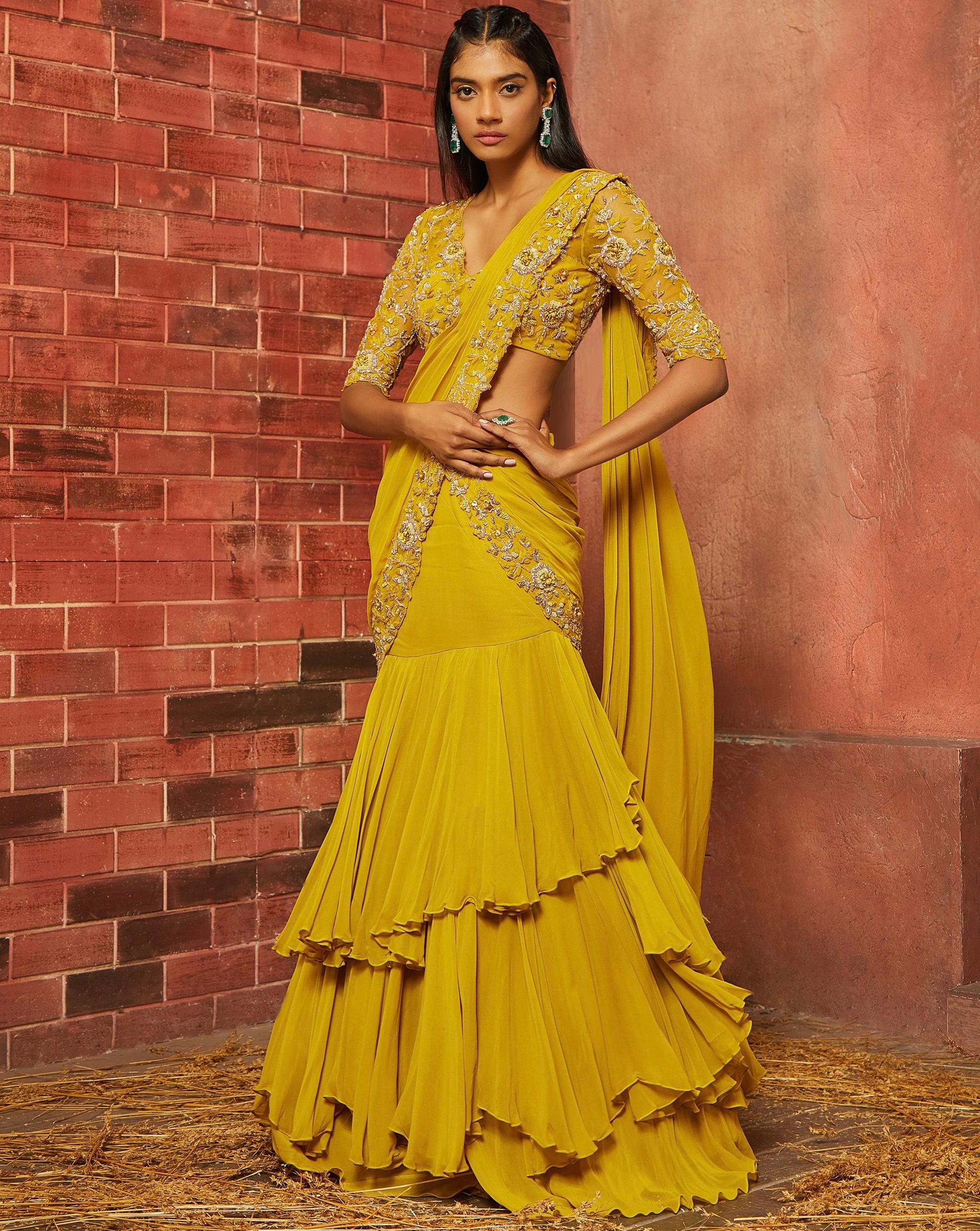 Yellow Georgette Ruffle Saree with Beads Embroidered Blouse and