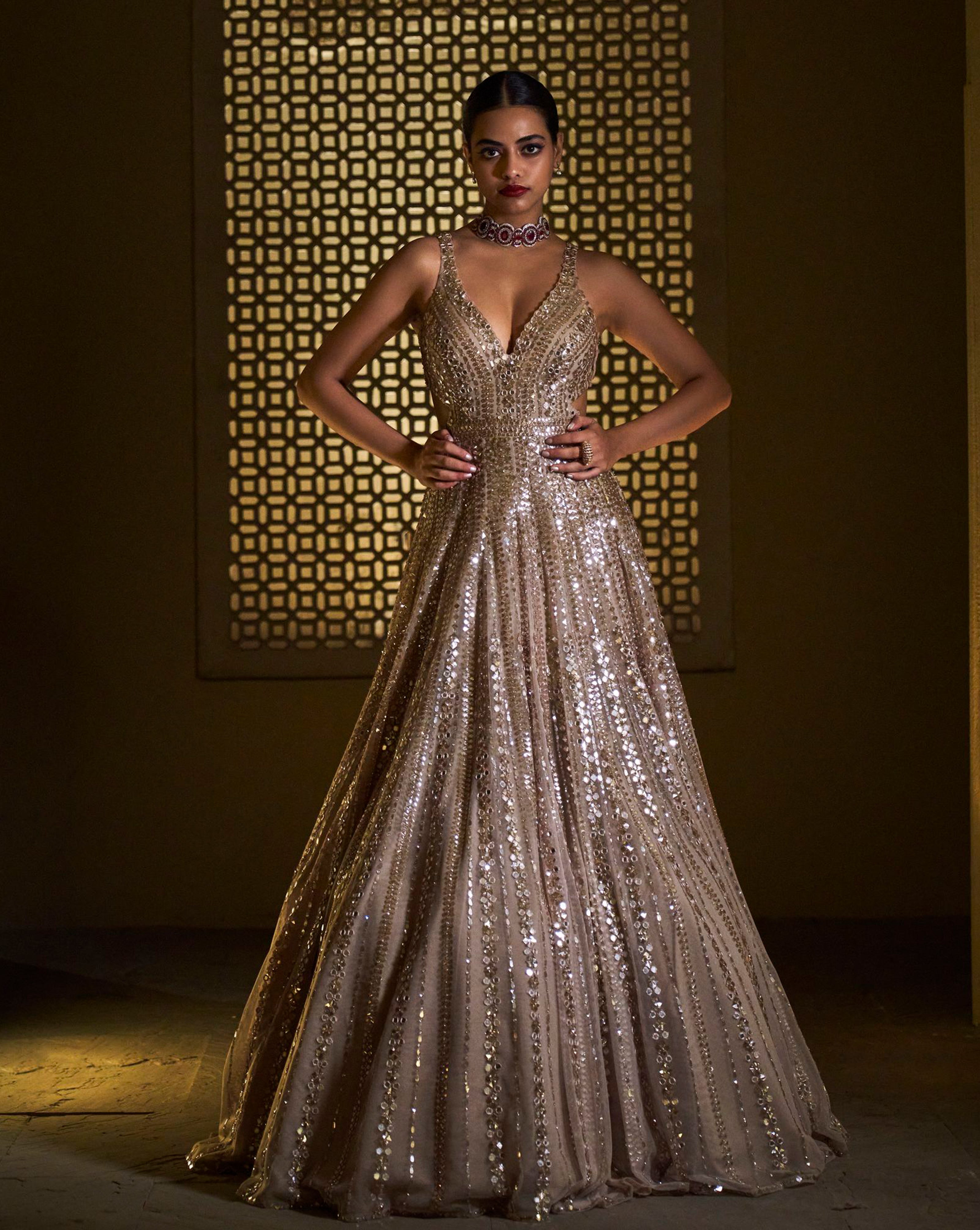 Kanchi Singh in kalki gold shimmer gown with slit sleeve KALKI Fashion India