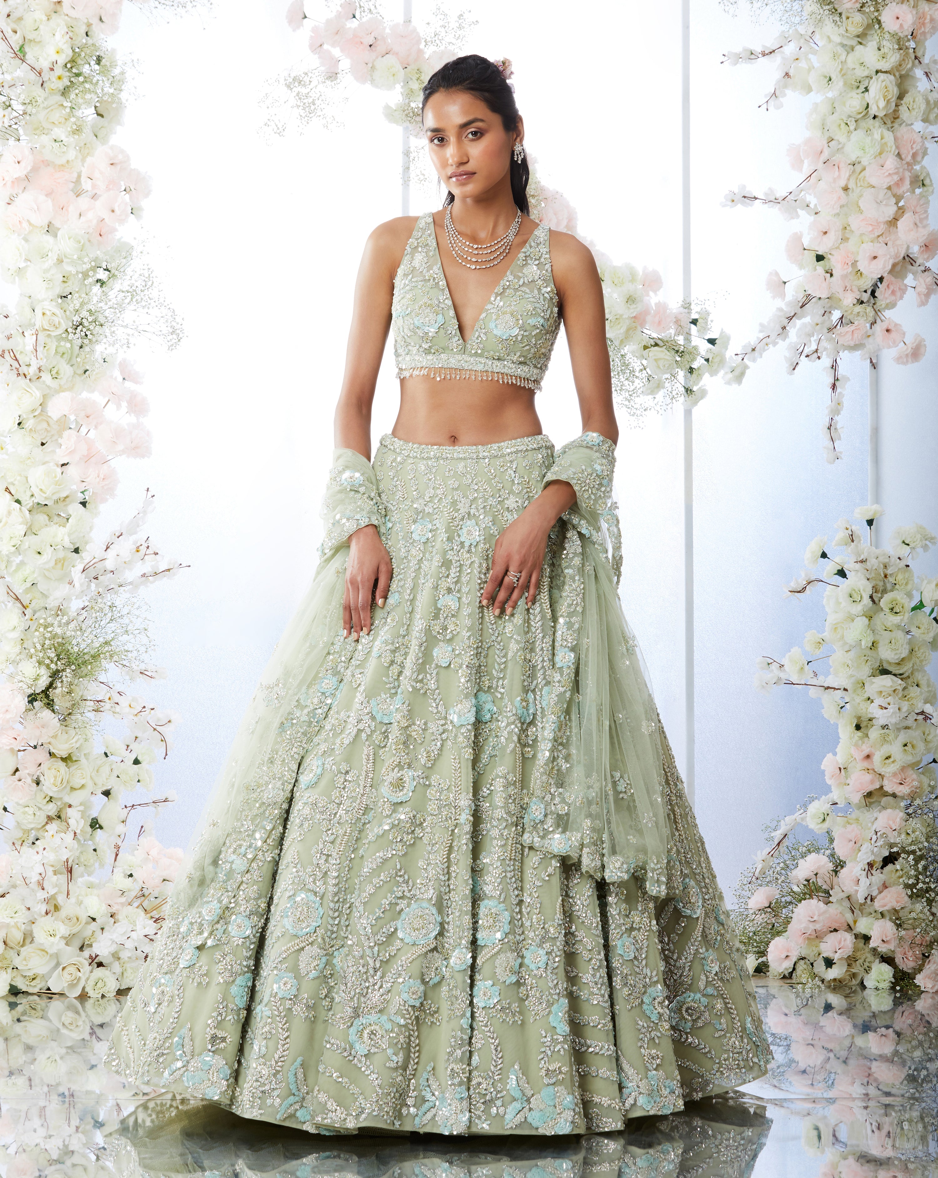 Tea Green Floral Sequin Lehenga Set