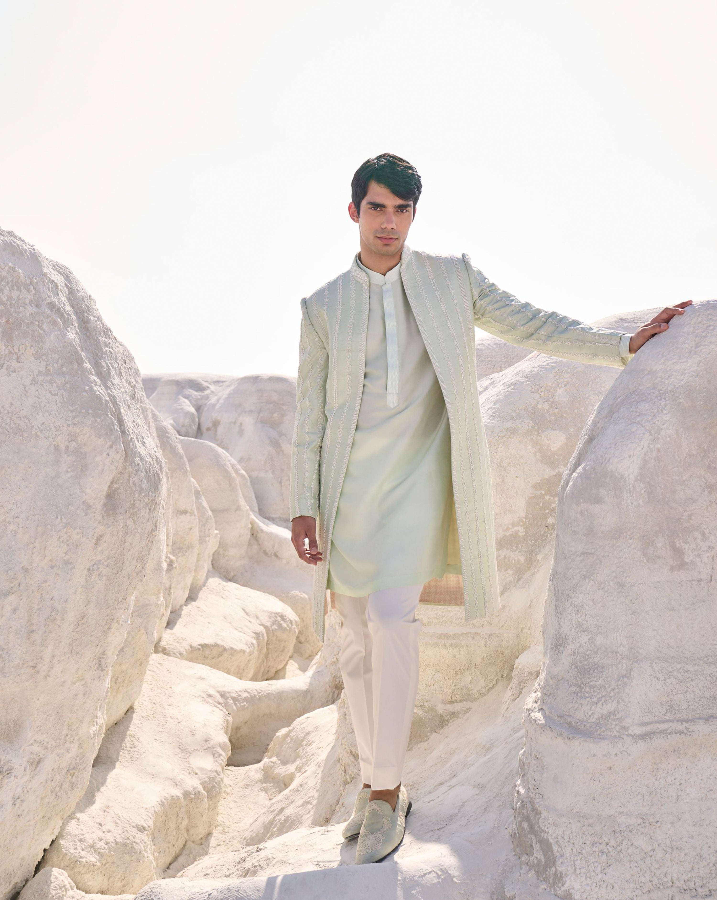 Sea Green Pearl Open Sherwani Set