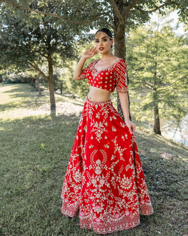 Charming White and Red lehenga choli, Silk taffeta lehenga choli with –  Cygnus Fashion