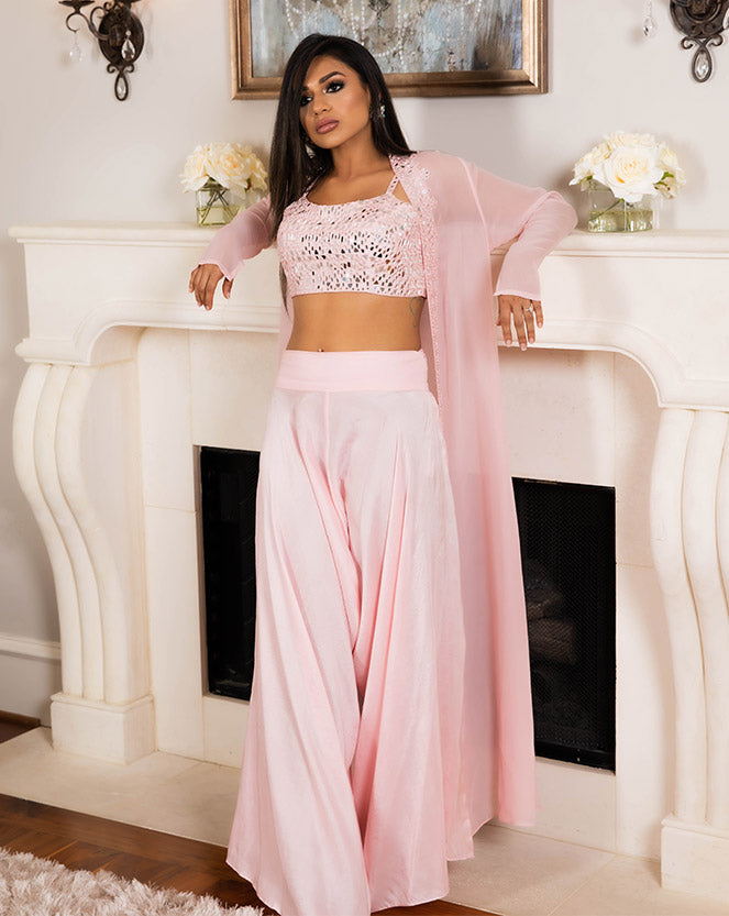 Rose Pink Abla Work Crop Top With Palazzo And Jacket