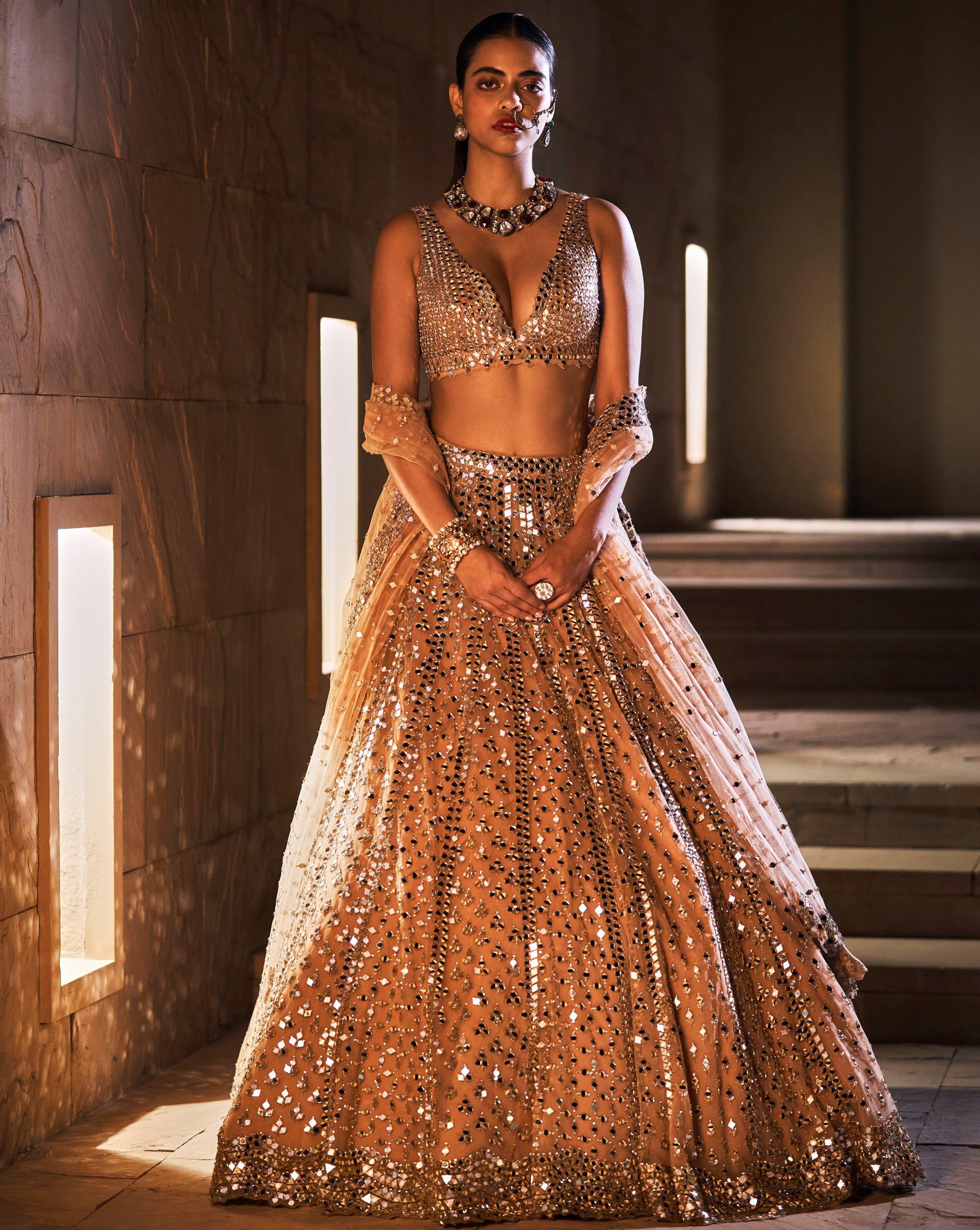 Buy Gold Lehenga Tissue Embellished Mirror V Neck Work Bridal Set For Women  by Abhinav Mishra Online at Aza Fashions.